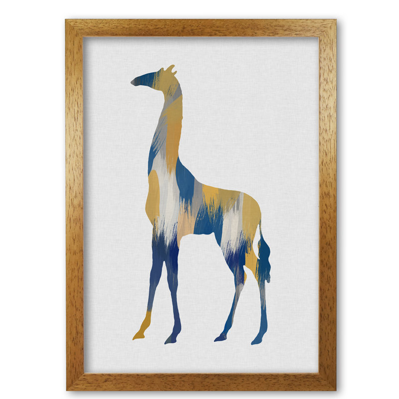 Giraffe Blue & Yellow - Print, Honey Oak Frame, 85 cm H x 60 cm W x 5 cm D