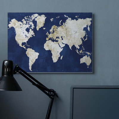 " Navy And Distressed Gold World Map " by Alicia Vidal