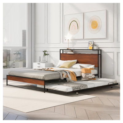 Queen Size Metal Platform Bed Frame with Trundle, USB Charging Ports & Storage Shelf, Modern Black Wood Headboard