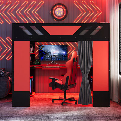 Lit mezzanine en bois avec tablettes, rideaux occultants et lumières RVB
