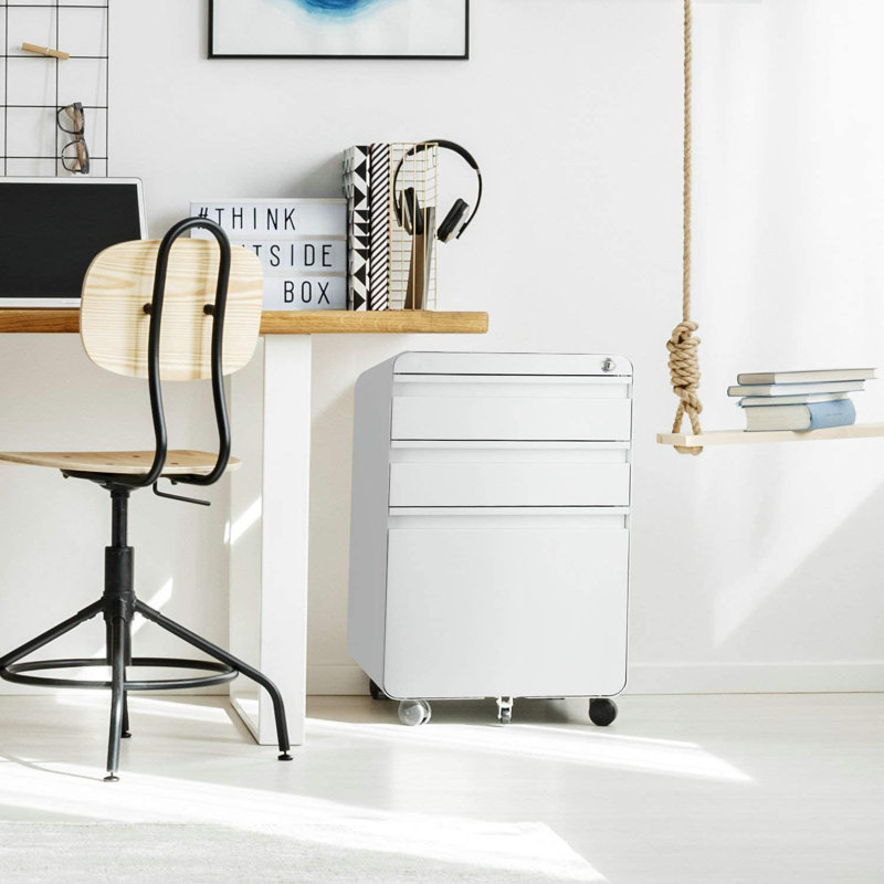 3 Drawer Metal Filing Cabinets with Lock Wheels, Anti-tilt Under Desk Design (No Assembly Required), White