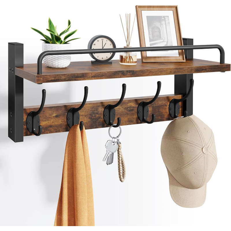 Porte-manteau mural avec tablette et garde-corps, brun rustique 16,3 po