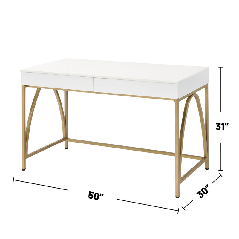 Bureau 2 tiroirs avec base à tréteaux en métal, blanc brillant et doré