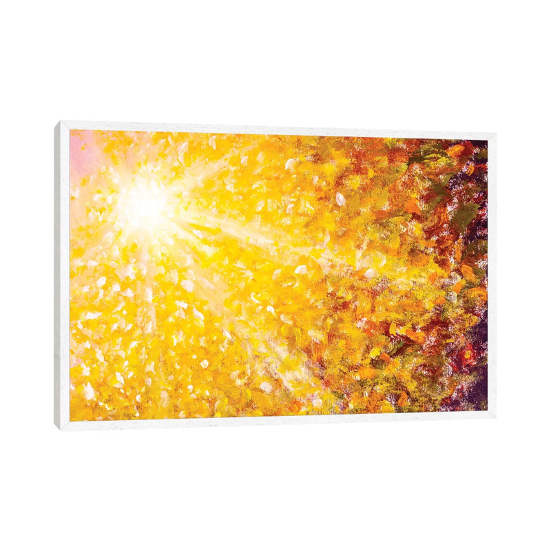 Beautiful Sun Rays Sunshine In Orange Gold Autumn by Valery Rybakow - Painting on Canvas, White Framed