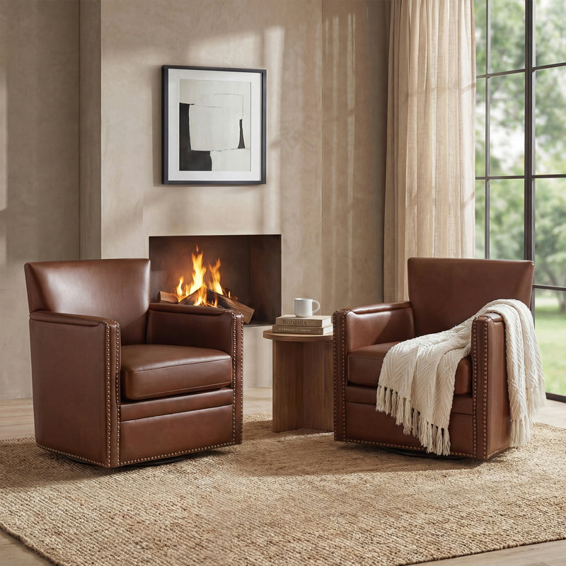 Ensemble de 2 chaises pivotantes en cuir véritable Sandra (ensemble de 2), Cuir véritable brun