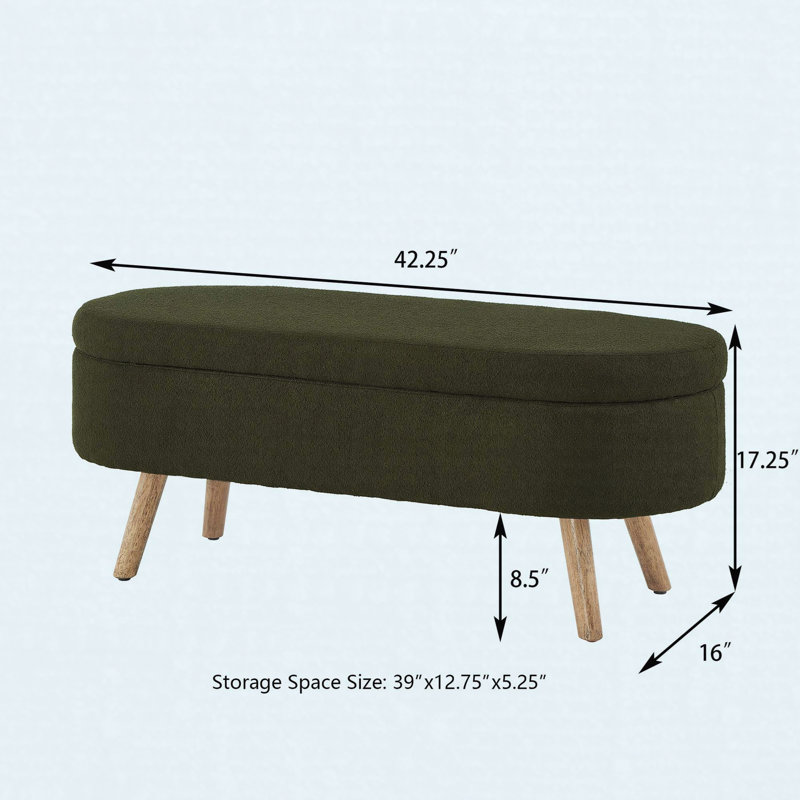 Oval Boucle Storage Ottoman Bench with Safety Hinge and Wood Legs, Dark Green, Dark Green