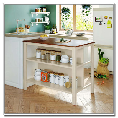 45" Solid Wood Stationary Kitchen Island with Butcher Block Top