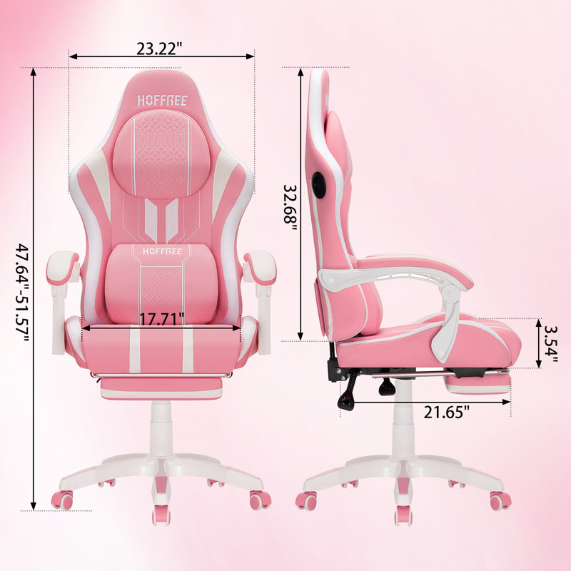 Fauteuil de jeu ergonomique avec coussin lombaire extra large Hoffree, Blanc / Rose