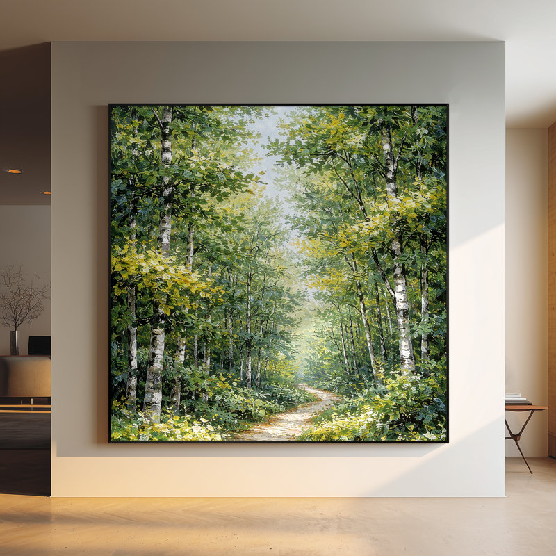 Très grand art mural imprimé sur un sentier forestier ensoleillé entouré de bouleaux verts luxuriants pour le salon ou la chambre à coucher - «Assemblage requis du cadre (cadre non fini)»