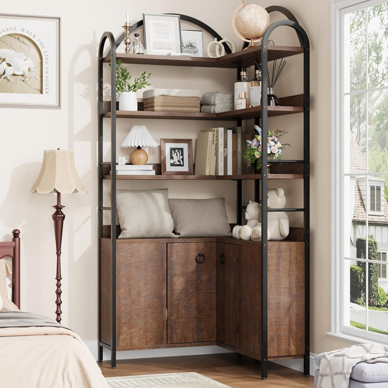 74" Tall 6-Tier Arched Corner Bookcase with Cabinet & Doors, L-Shaped Storage for Home Office, Brown, Brown