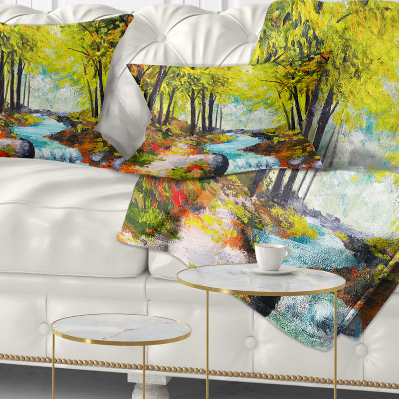 River in Green Autumn Forest - Coussin décoratif à imprimé paysage