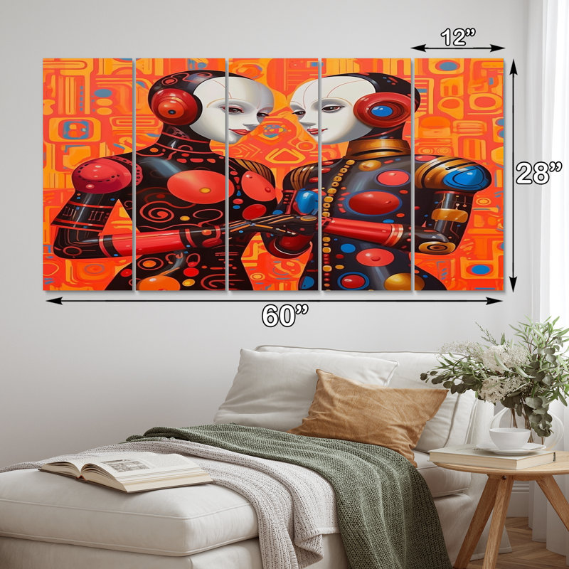 Charmant robot qui célèbre l'amour rétro III - décoration murale robot - 5 panneaux égaux