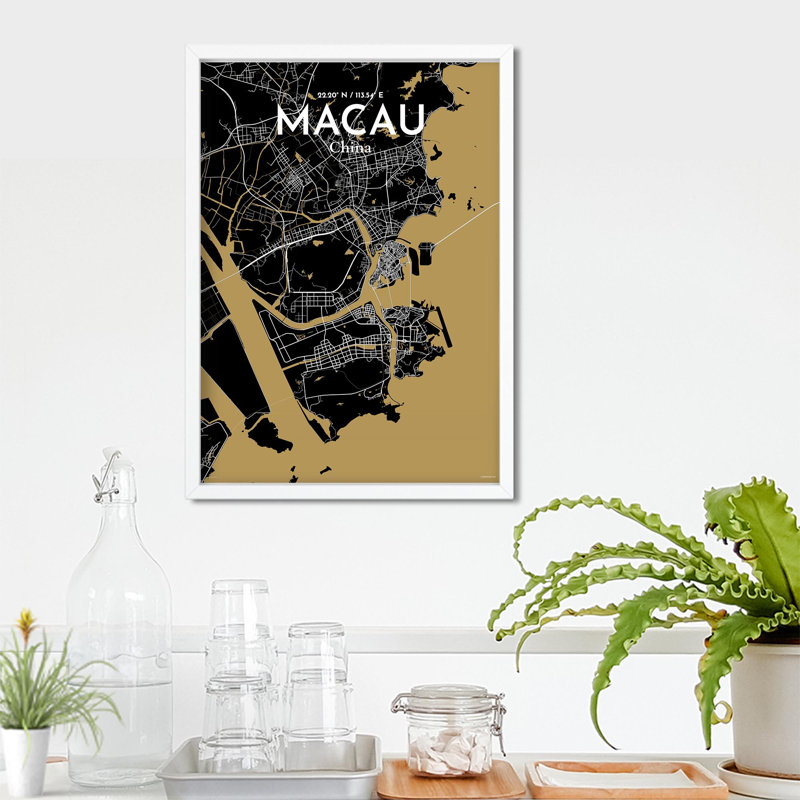 Macau, carte de la ville, impression, Noir et or, H 27,6 po x l 19,7 po