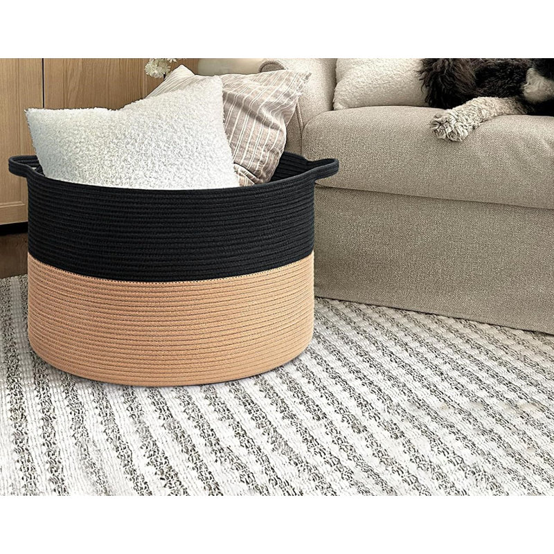 Fabric Laundry Basket with Handles, Black/Camel