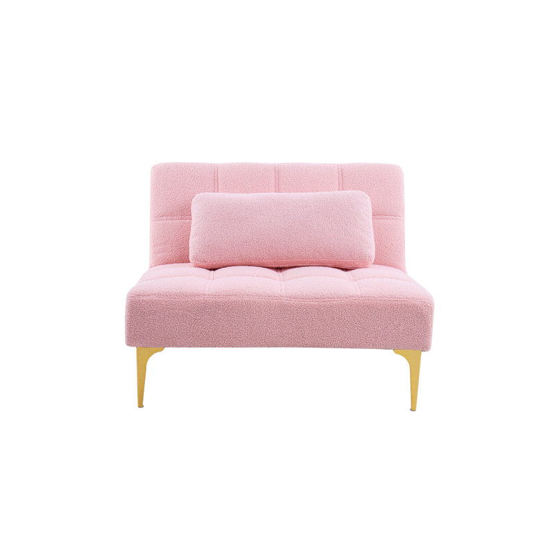 Convertible Single Sofa Bed Futon With Gold Metal Legs Teddy Fabric (Pink)