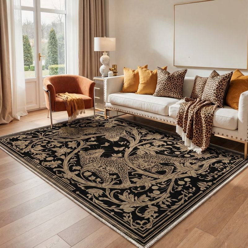 Tapis taupe / noir à imprimé animal lavable à la machine avec envers antidérapant, Rectangle 5 pi x 7 pi