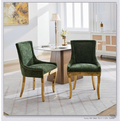 Chaises de salle à manger en chenille de style moderne avec pieds courbés plaqués or et garniture de rivets, confort rembourré pour la salle à manger / salon, sièges d'appoint avec tissu texturé et structure une pièce, ensemble de 2