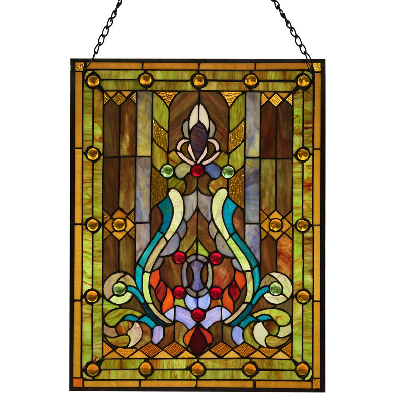 24.75"H Fleur de Lis Tiffany Style Stained Glass Window Panel