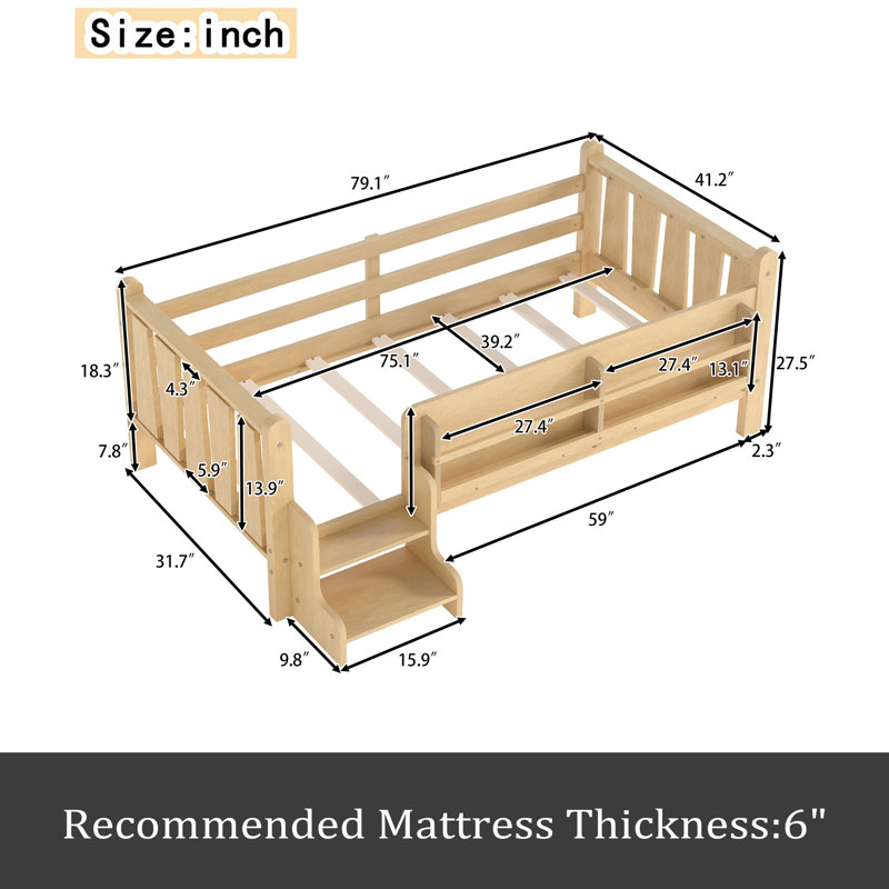 Lit pour enfants en bois massif avec de jolis escaliers et garde-corps, aucun sommier nécessaire, Lit simple, Clair naturel
