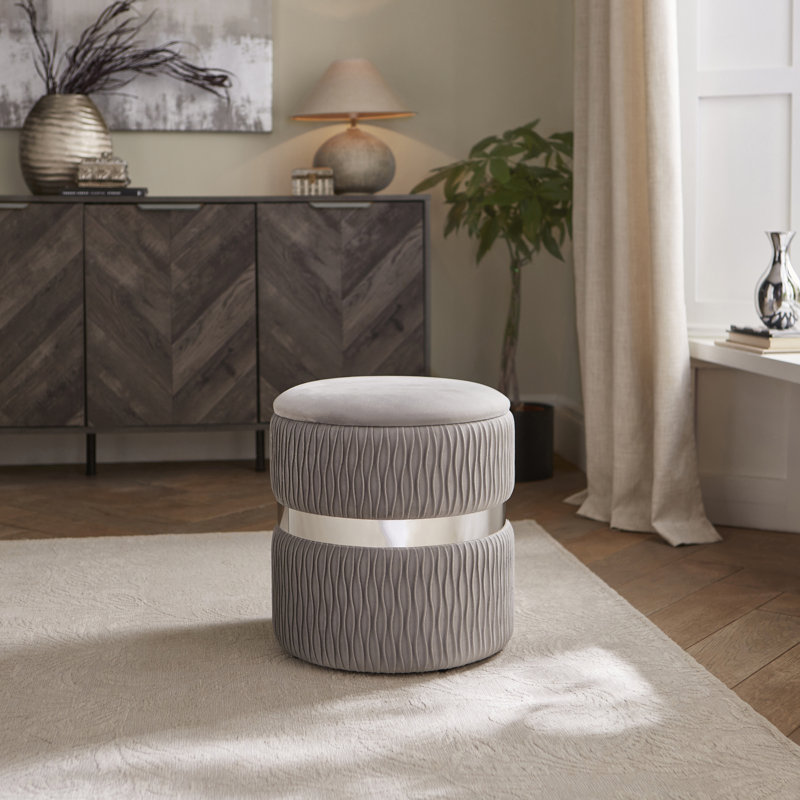 38cm Wide Velvet Round No Pattern Pouffe Ottoman with Storage, Grey