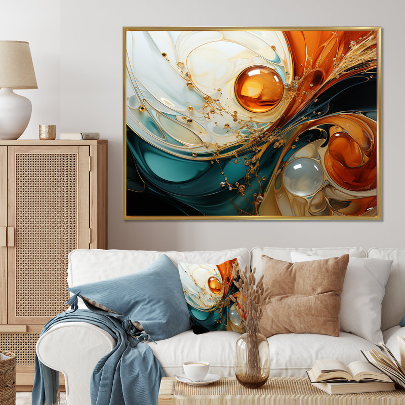 Orange et or planète vagues III - peinture abstraite, art mural, H 34 po x l 44 po x P 1,5 po, Cadre flottant doré