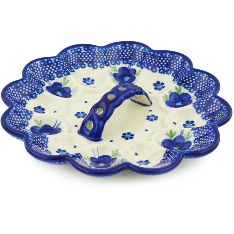 Assiette à oeuf bleu-belle fleur en céramique