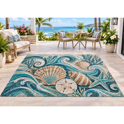 Tapis d'extérieur 152 x 213 cm (5' x 7') à motifs coquillages, étoiles de mer et vagues, en PVC épais, imperméable et bouclé, idéal pour terrasse, balcon, VR et autres espaces extérieurs. Séchage rapide.