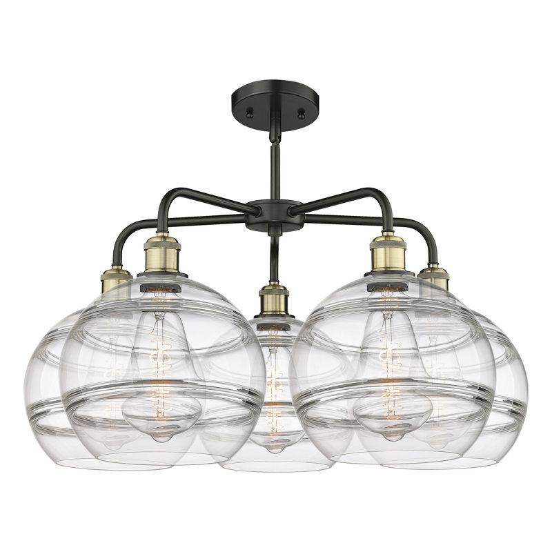 Lustre rond / ovale à abat-jour 5 lumières, Transparent, Laiton antique noir, H 17,13 po x l 28 po x P 28 po