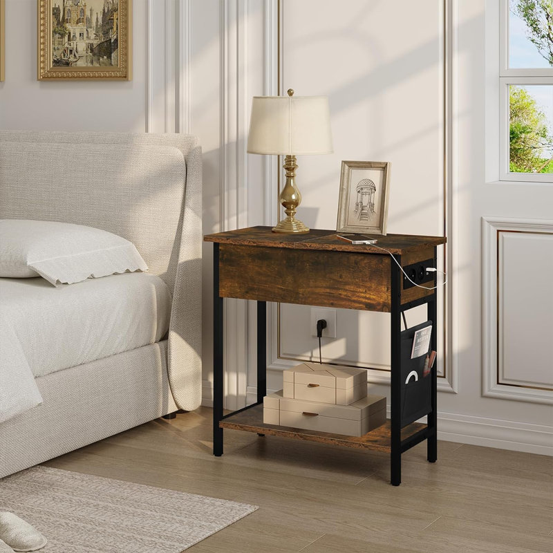 Khenifra End Table with Built-In Outlets, Brown Wood