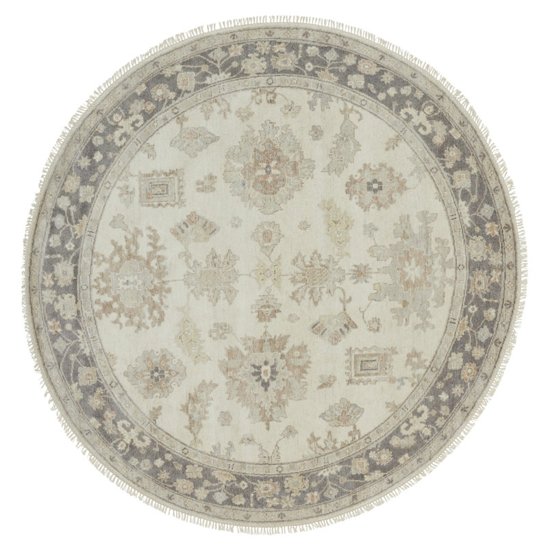 Premo Wool Oriental Area Rug in Ivory, Round 6'
