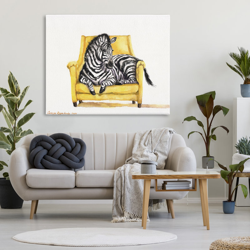 Mignon zèbre sur toile jaune, par George Dyachenko, H 36 po x l 48 po