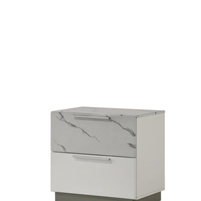 Table de chevet Mist - Marbre et laque bicolore ultrabrillant avec deux tiroirs, intérieur doublé de velours et conception compacte et élégante (inventaire CA)