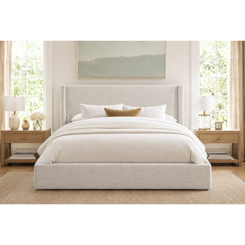 Mele NORDIC UPHOLSTERED ARM KING BED WHITE LINEN BLACK, King, White Linen