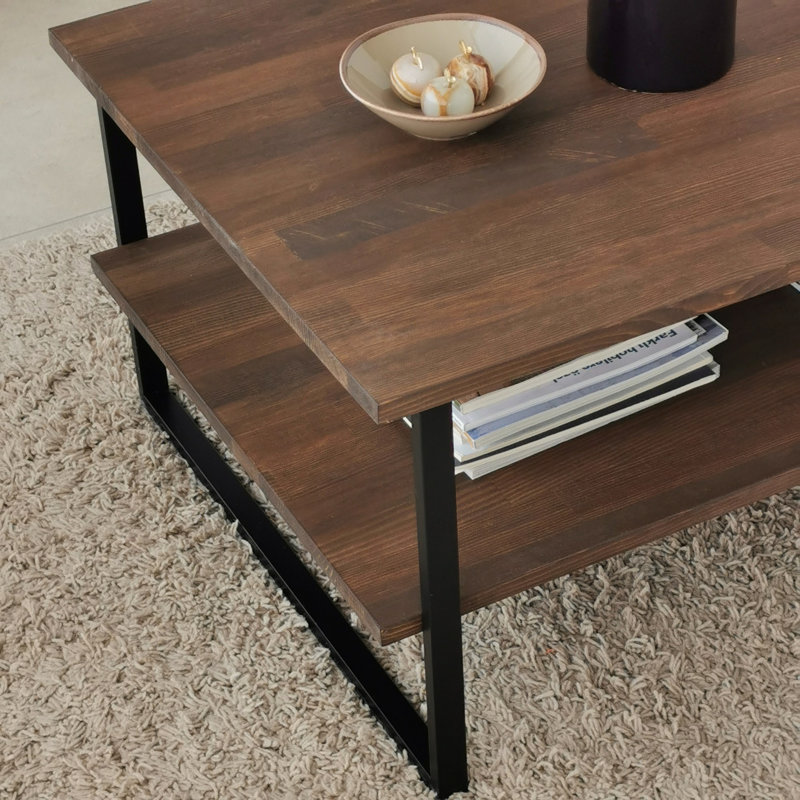 Modern Coffee Table with Metal Frame, Walnut Color, 33.5 x 15.7 x 23.6 inches | 100% Pine Solid Wood, Antibacterial, Rustproof Metal Legs, Stylish Industrial Design, Easy Assembly for Living Room & Office
