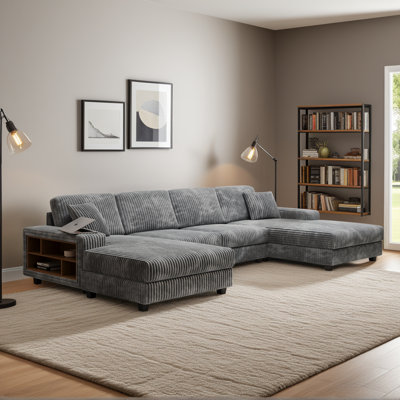 137" Corduroy Sectional Sofa 4 Piece U Shaped Oversized Modular Couch With 2 Sides Storage Shelve & Chaise Lounge Chairs, 1300lbs Capacity by Mercer41