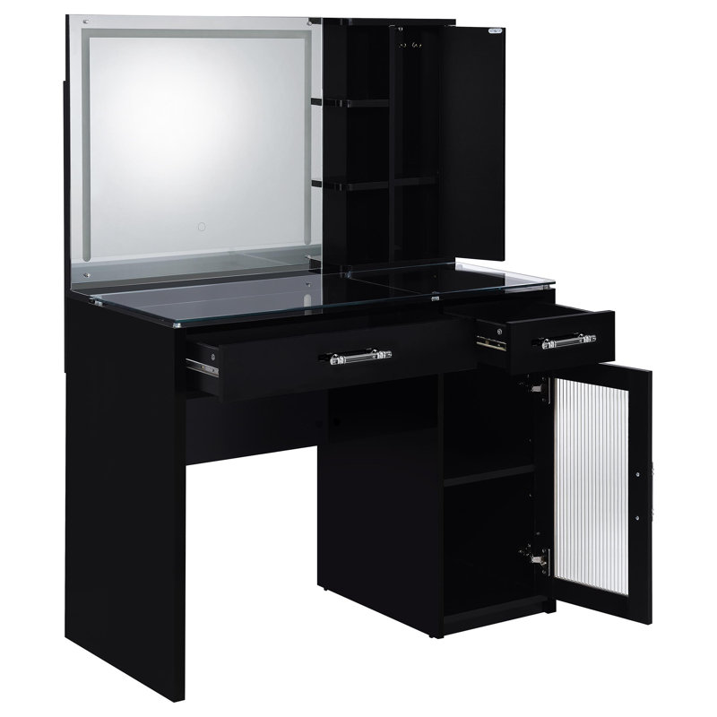 Ensemble de meuble-lavabo 2 tiroirs Flora avec miroir DEL ultrabrillant, Noir ultrabrillant