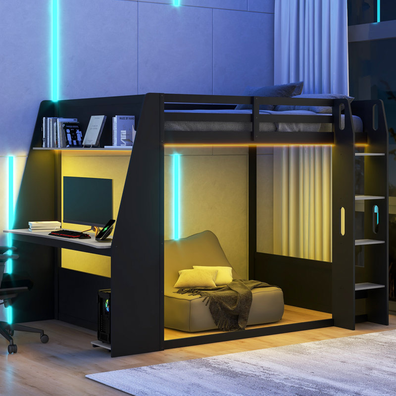 Lit superposé double pleine grandeur avec bureau, tablettes de rangement, lit mezzanine USB et à DEL, noir, Noir
