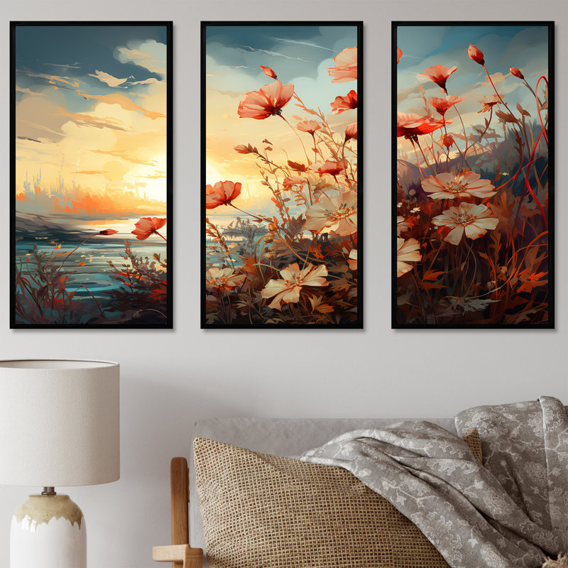 «Meadow Stream At Sunset II», ensemble d'art mural prairie, H 28 po x l 36 po x P 1 po, Cadre flottant noir