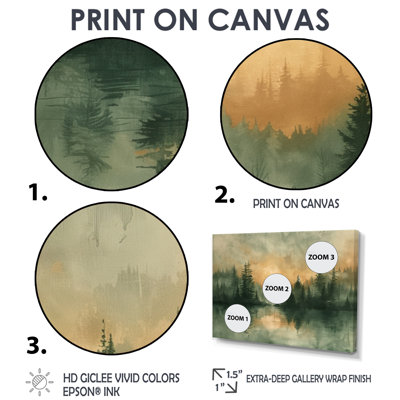 Green yellow sunrise fog in the forest III - Countryside Canvas Wall Art