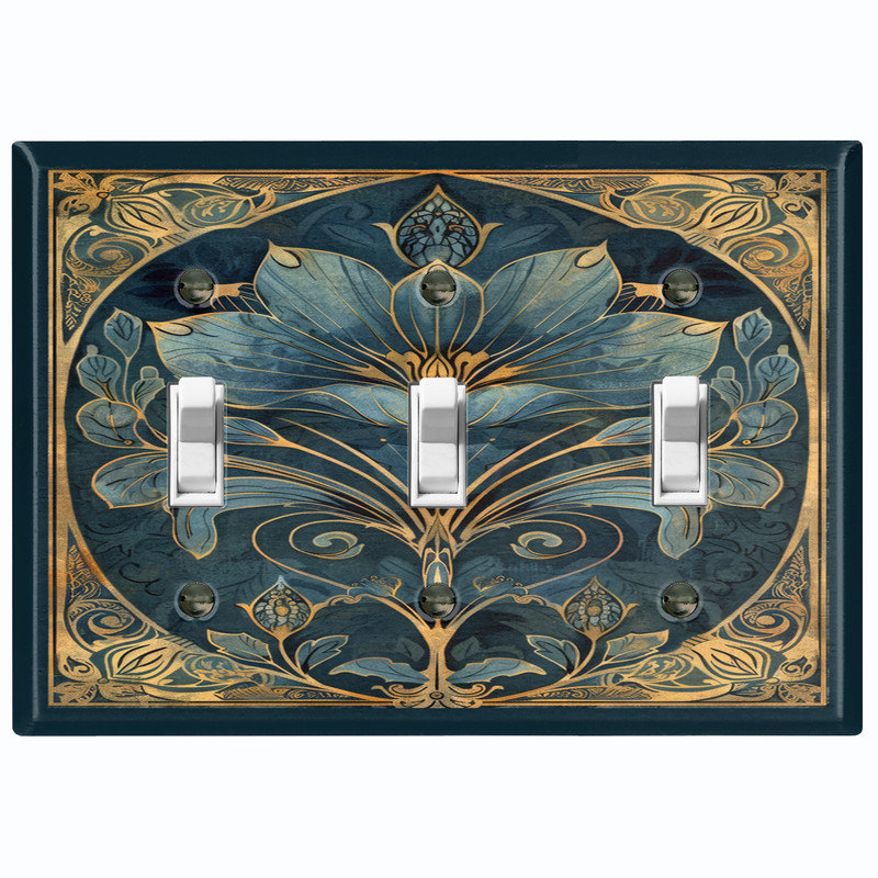 Couvercle de plaque d'interrupteur en métal; Bascule à 3 bandes US standard - Fleur Art Nouveau élégante, Triple # 3
