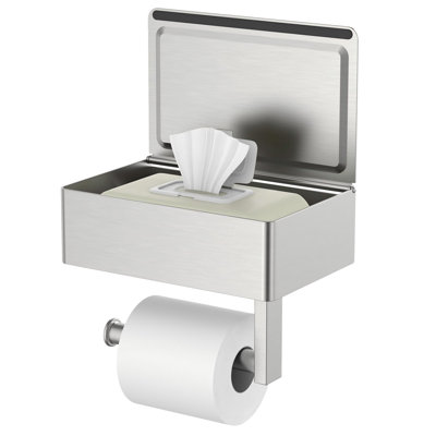 Toilet Paper Holder With Shelf, SUS304 Stainless Steel Wall Mount Toilet Paper Roll Holder, Flushable Wipes Dispenser Fits For Bathroom Wipe Storage.(Stainless Steel)