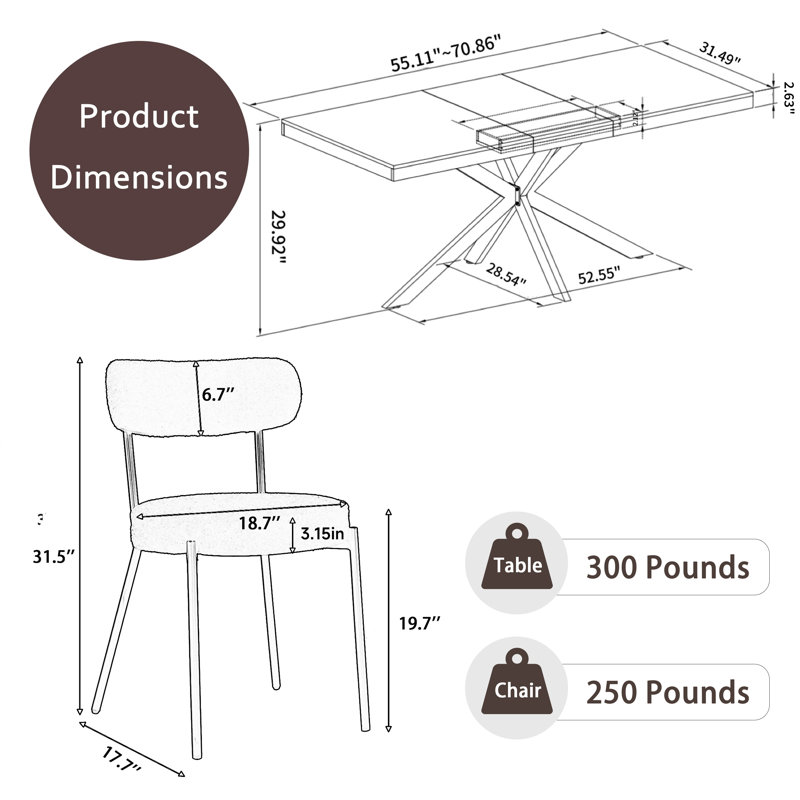 Table de salle à manger rectangulaire extensible de 55,11 po à 70,86 po avec 4 chaises, Blanc/Noir, 7