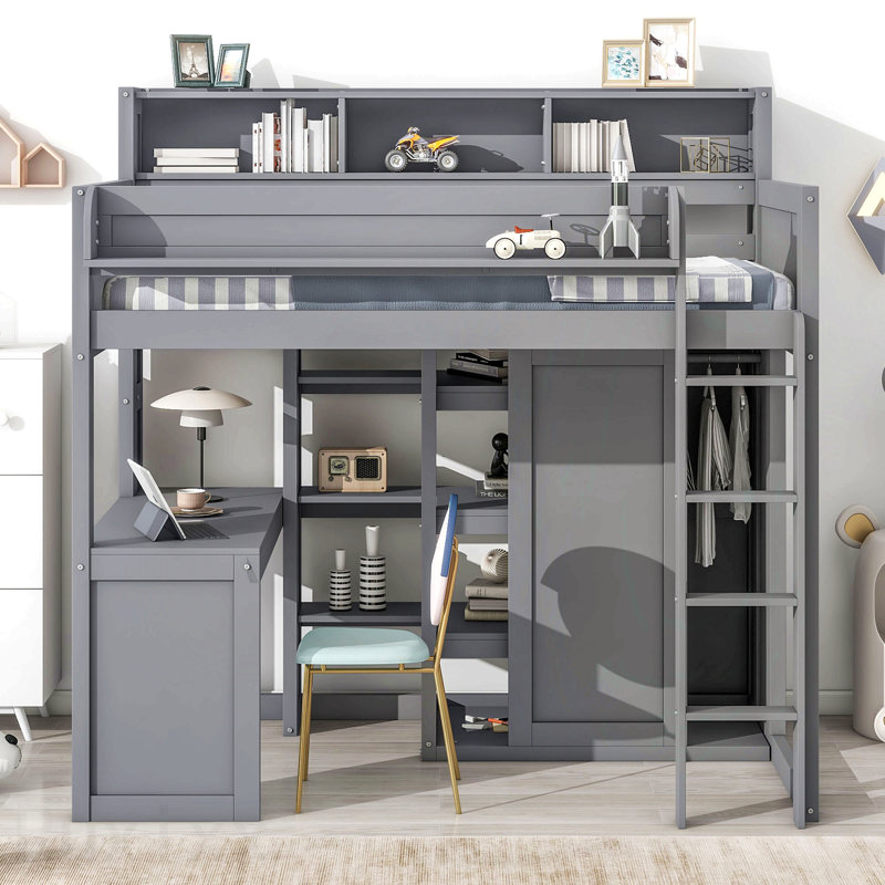 Lit mezzanine simple en bois avec plusieurs tablettes de rangement et garde-robe, gris, Grey