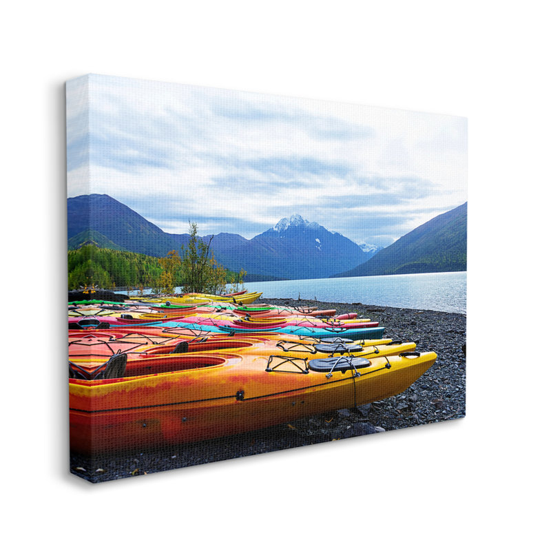 Rowof Kayaks Mountain Peak, paysage de lac - impression, Toile tendue, H 16 po x l 20 po
