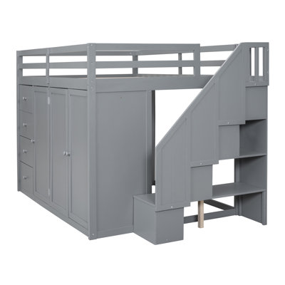 Lit mezzanine double gris avec rangement pour escalier, garde-robe et tiroirs intégrés - Mobilier de chambre à coucher en bois massif compact