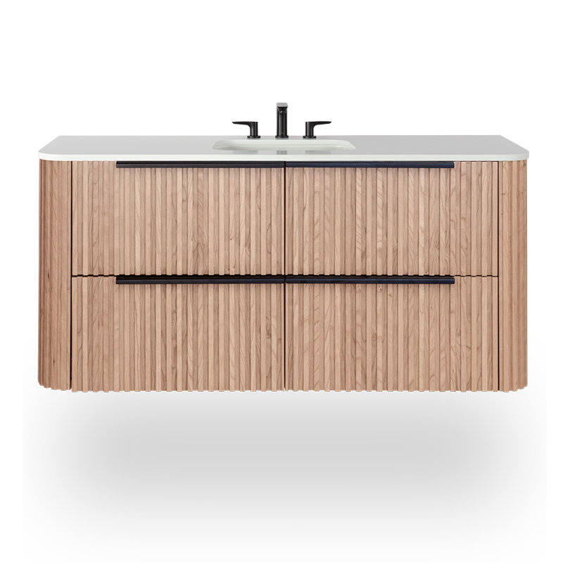 Flutti 48"Vanity, Matte Black, Solid Surface Matte White/3 Faucet Holes, White Oak