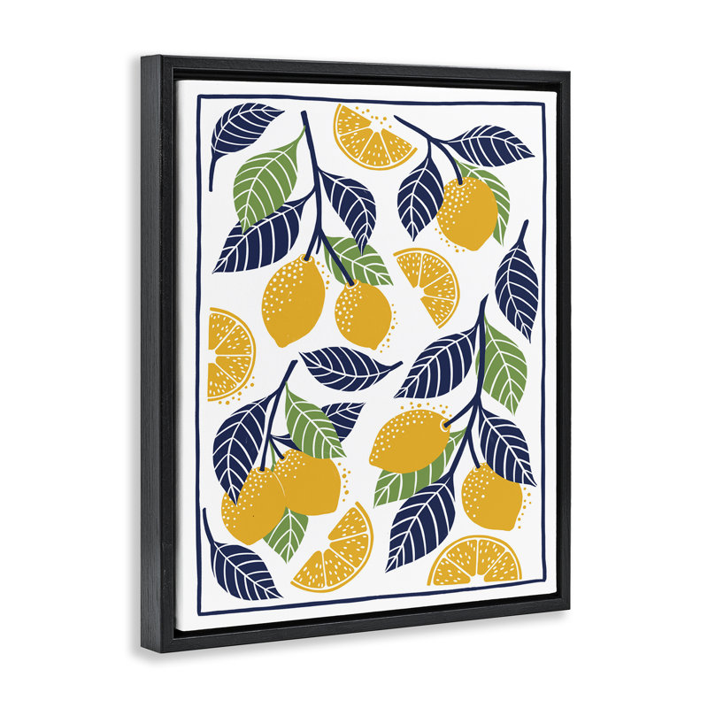 Cadre flottant à motif de citrons méditerranéen, design par Bex Morley Design, Cadre flottant noir de jais, H 21 po x l 17 po
