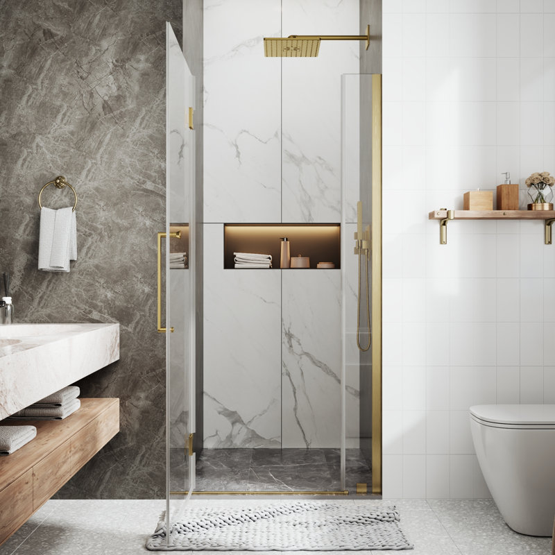 Porte de douche à charnière pivotante sans cadre 35-36 "x 74" noir mat, facile à nettoyer, Doré