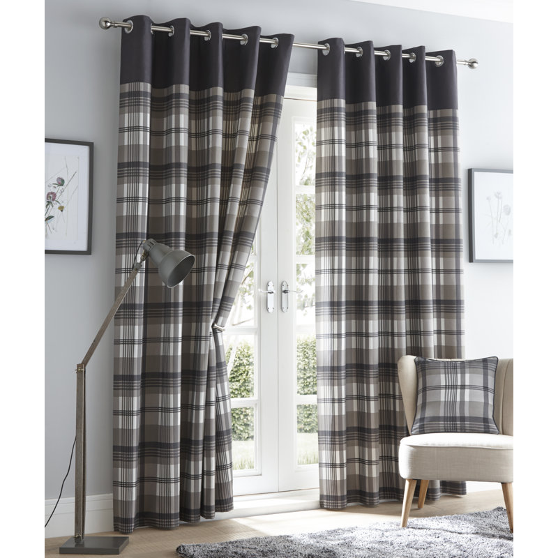 Earlton Orleans Curtains Check Striped Fully Lined Eyelet Ring Top Curtains, Charcoal, 229cm Width x 229cm Drop