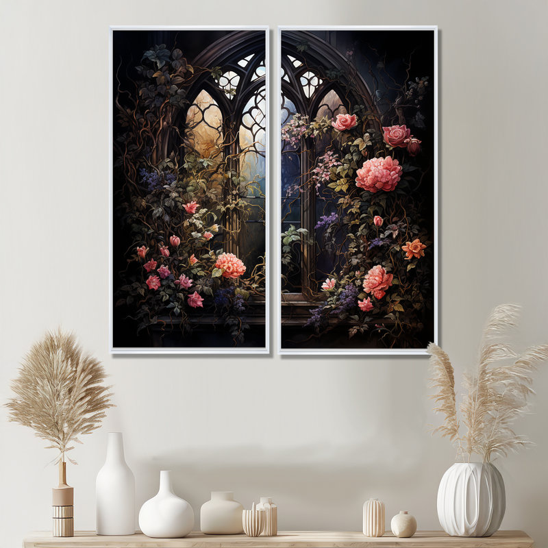 «Floral Window», art mural 2 pièces, H 40 po x l 40 po, Impression encadrée flottante, Blanc
